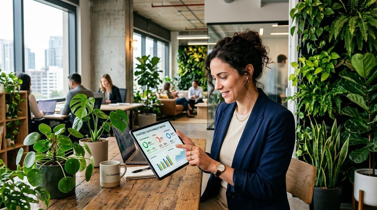 Benefícios fiscais para negócios sustentáveis no Brasil: quais existem e como acessar 2 Empreendedor em ambiente de trabalho contemporâneo revisando indicadores ESG em tablet, com plantas integradas à decoração representando o compromisso