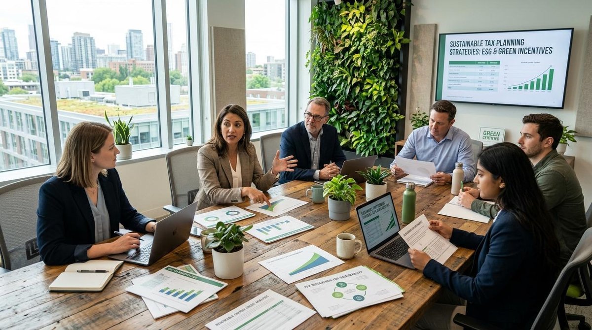 Benefícios fiscais para negócios sustentáveis no Brasil: quais existem e como acessar 3 Reunião de equipe em sala de conferências moderna discutindo planejamento tributário sustentável, com gráficos e documentos sobre a mesa e elementos d
