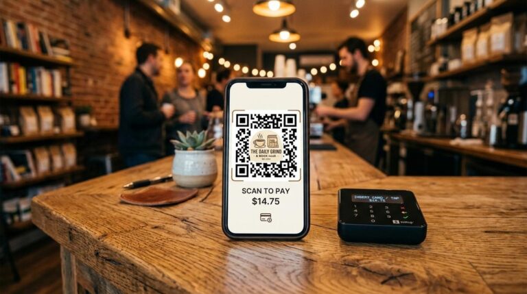 Celular em cima de um balcão de uma loja mostrando um QR Code