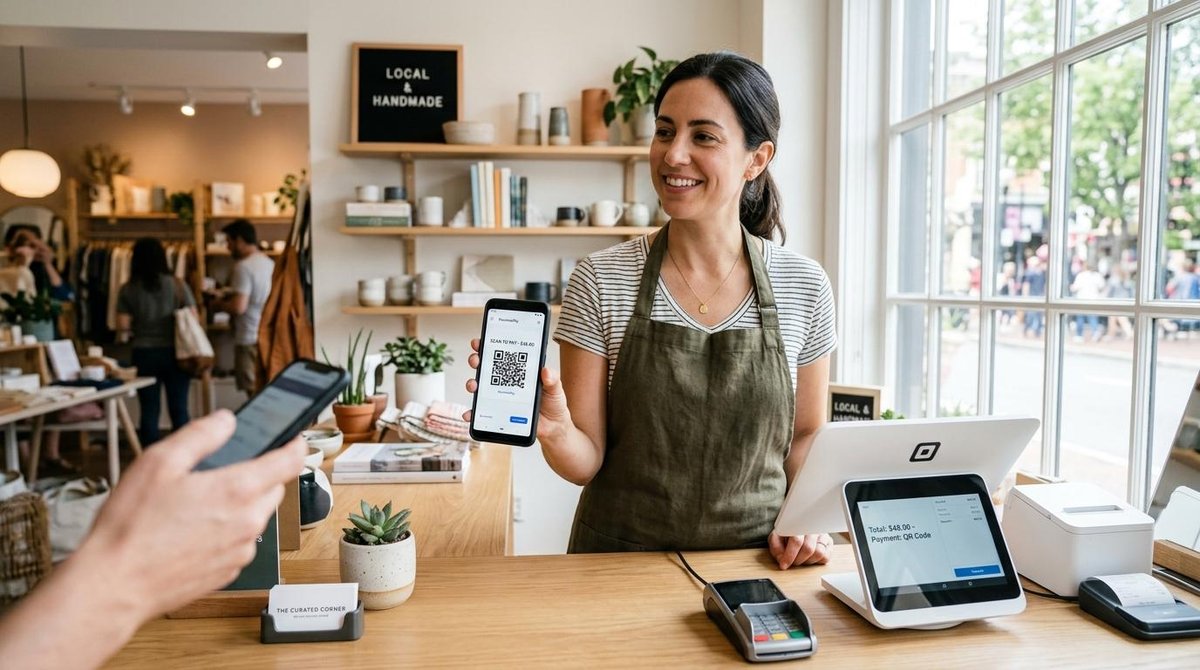 Como adicionar seu logo no QR de cobrança do Mercado Pago e personalizar cobranças 2 Atendente de uma loja mostrando um celular com um QR Code