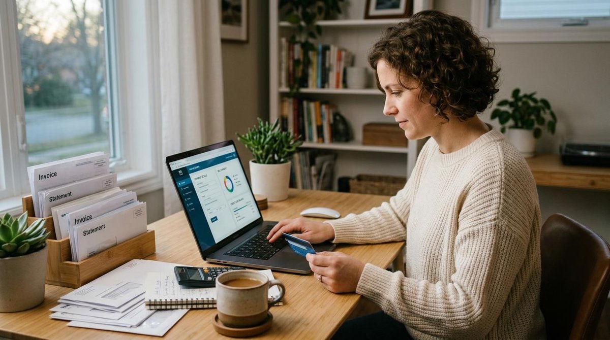 Como aumentar meu limite no Mercado Pago crédito: estratégias que vão além do básico 3 Mulher olhando para um cartão de crédito na frente de um computador