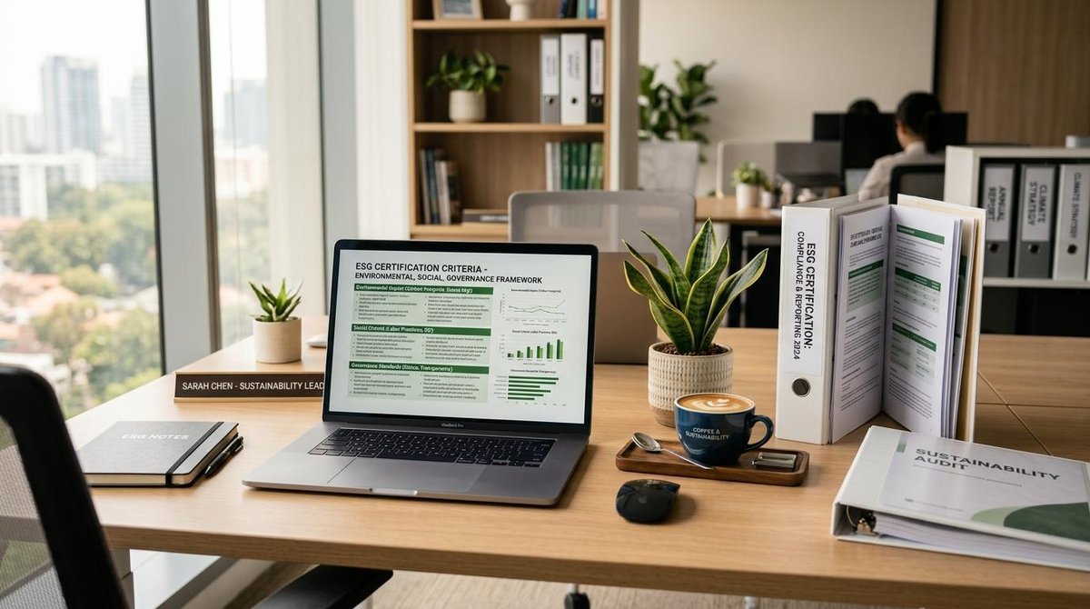 Como certificar minha PME como negócio sustentável: etapas, selos e critérios 2 Mesa de escritório organizada com documentos de certificação ESG, notebook aberto mostrando critérios de sustentabilidade, planta em vaso ao lado e xí