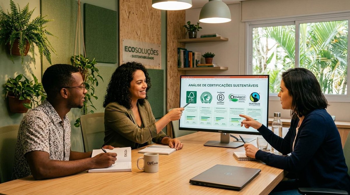 Como certificar minha PME como negócio sustentável: etapas, selos e critérios 3 Reunião profissional em uma pequena empresa brasileira, equipe de três pessoas analisando diferentes selos de certificação sustentável em uma tela de