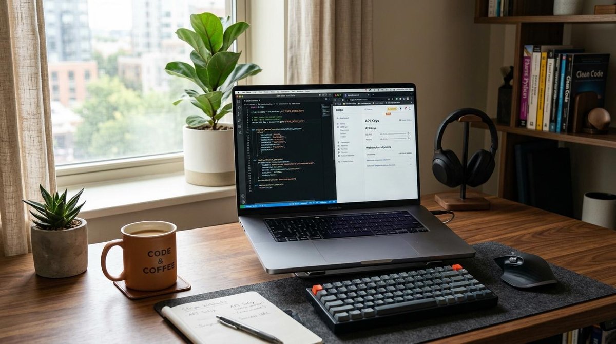 Notebook aberto na aba de programação em cima de uma mesa de escritório