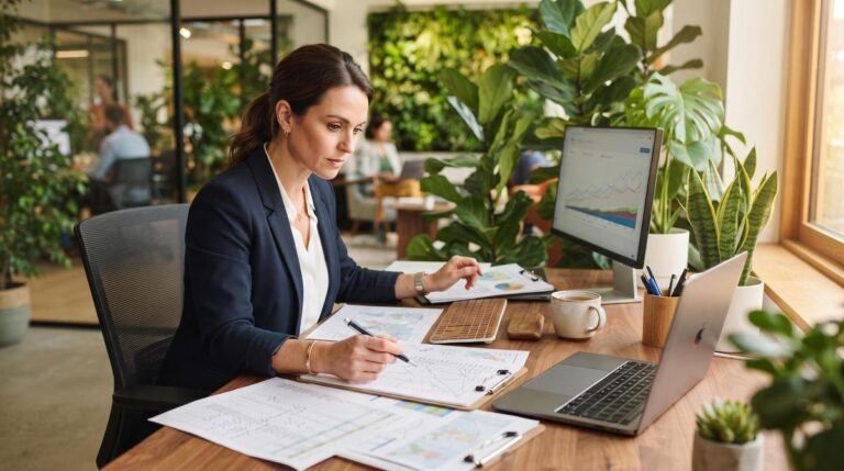 Pessoa analisando documentos de projeto sustentável em uma mesa com plantas ao fundo