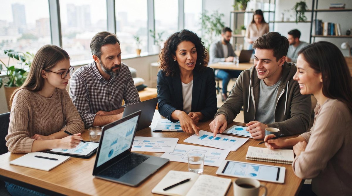 Como criar processos na sua PME para crescer de forma ordenada e sustentável 2 Pequena equipe de negócios em uma reunião colaborativa ao redor de uma mesa moderna, discutindo processos com documentos e tablets espalhados, ambient