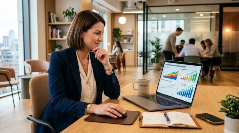 Como escalar minha PME sem perder qualidade: estratégias para crescer com consistência 7 Pessoa empreendedora analisando gráficos de crescimento em um notebook sobre mesa de escritório