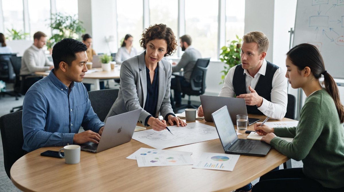 Equipe de trabalho colaborando em volta de uma mesa com notebooks e documentos, representando a padronização de processos e a gestão eficiente durante