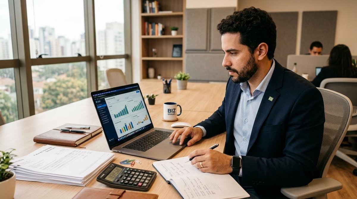 Como escolher um software de faturamento para sua PME e ganhar controle financeiro 1 Pessoa empreendedora analisando opções de software de faturamento em um notebook sobre mesa de escritório