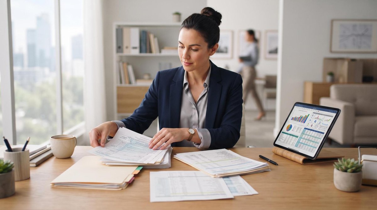 Como escolher um software de faturamento para sua PME e ganhar controle financeiro 2 Profissional de negócios organizando documentos fiscais e relatórios em uma mesa de trabalho limpa e moderna, com tablet aberto mostrando planilhas, a