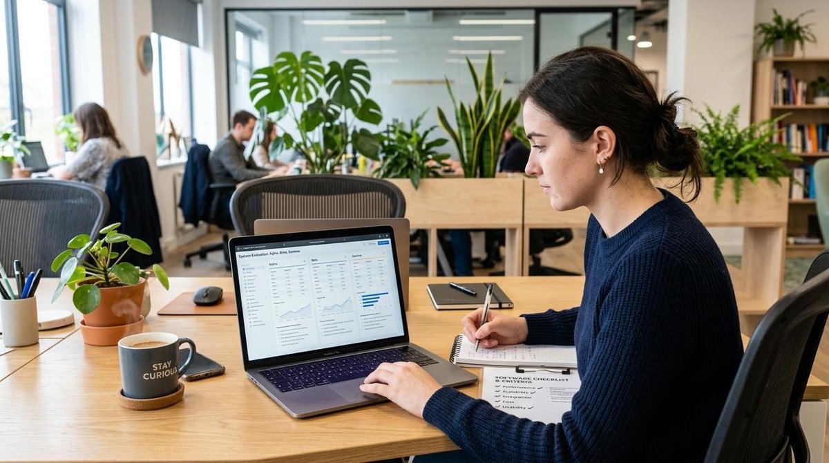 Como escolher um software de faturamento para sua PME e ganhar controle financeiro 3 Pessoa comparando diferentes sistemas na tela do computador notebook, com anotações e checklist impresso sobre a mesa, copo de café ao lado, ambiente
