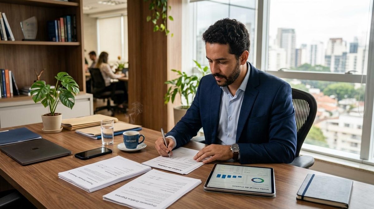 Pessoa empreendedora analisando propostas de fornecedores em uma mesa de trabalho com documentos e computador