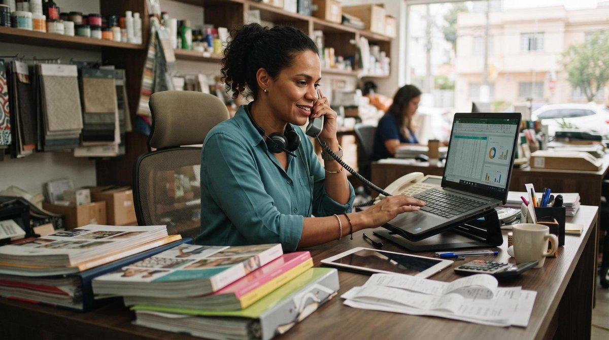 Profissional de pequeno negócio gerencia múltiplas tarefas em uma mesa de trabalho com catálogos de fornecedores, telefone e computador, representando
