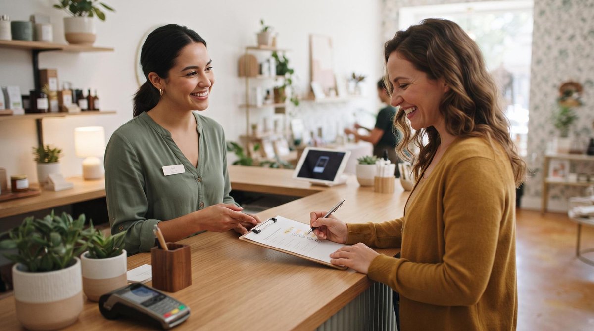 Profissional de uma pequena empresa aplicando pesquisa de satisfação com uma cliente sorridente no balcão de atendimento, ambiente contemporâneo e lim