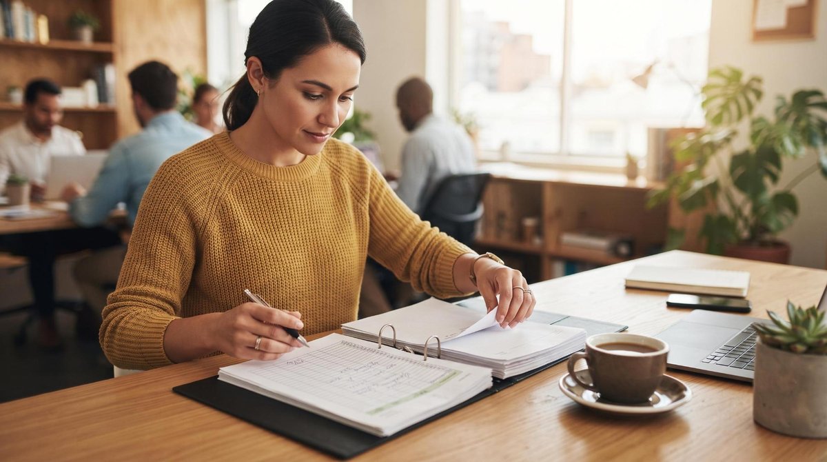 Como montar um plano de negócio para uma PME e tirar sua ideia do papel 2 Profissional organizando documentos e planilhas de planejamento empresarial em uma mesa de trabalho limpa e organizada, com xícara de café ao lado, am