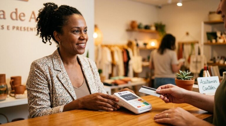 Como oferecer parcelamento aos clientes com Mercado Pago: guia de configuração e estratégia 3 Mulher pagando por aproximação do cartão na maquininha