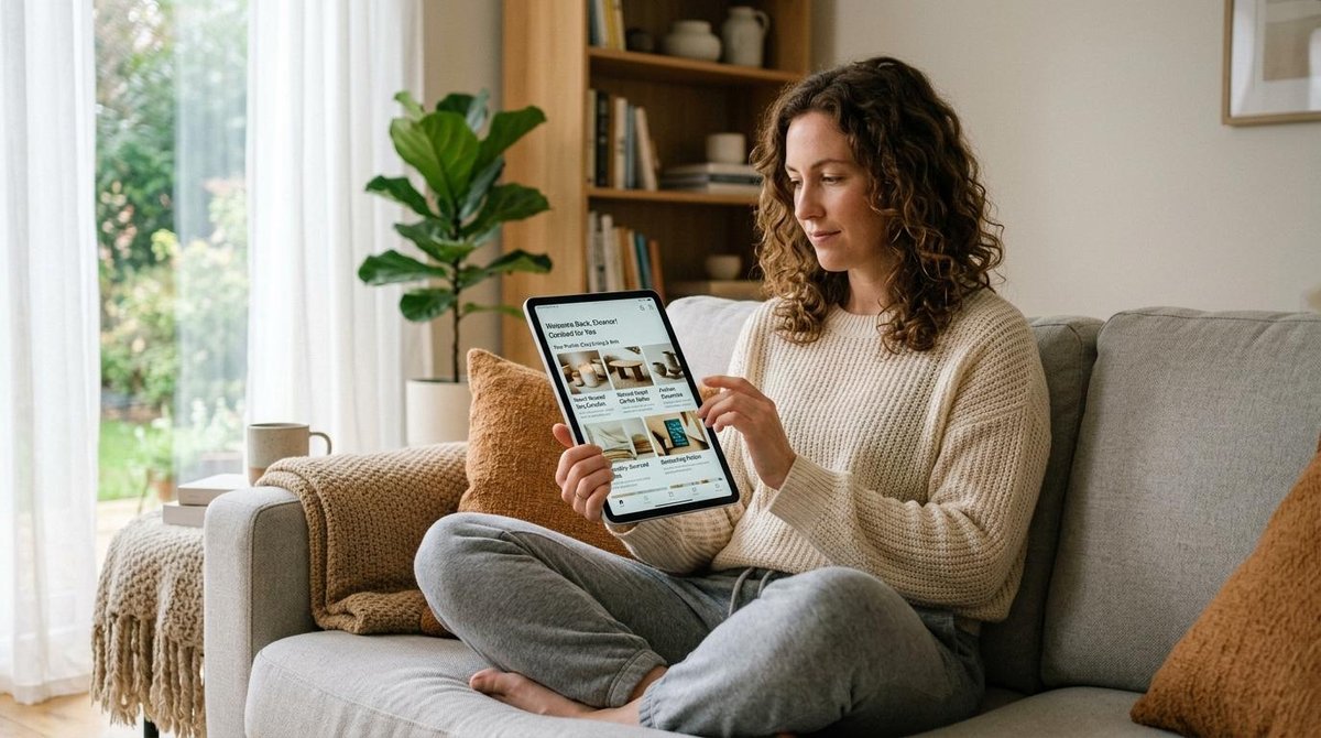 Como personalizar a experiência de compra no e-commerce e gerar mais conexão com cada cliente 2 Mulher sentada no sofá de casa vendo um e-commerce pelo tablet