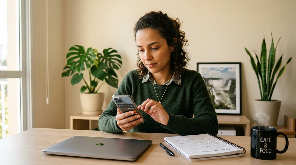 Como simular minhas parcelas antes de comprar no crédito e evitar surpresas no orçamento 1 Mulher na frente de uma mesa de escritório mexendo no celular