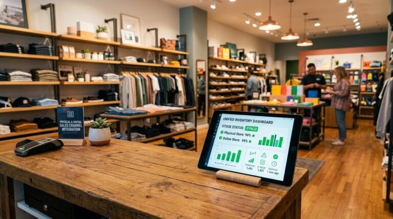 Como unificar inventário entre loja física e online para vender sem rupturas 8 Tablet aberto em um gráfico em cima do balcão de uma loja