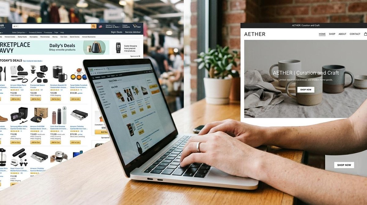Como vender em marketplaces e na sua loja própria ao mesmo tempo sem perder o controle 2 Manos escribiendo en un portátil con páginas de Amazon y Aether abiertas