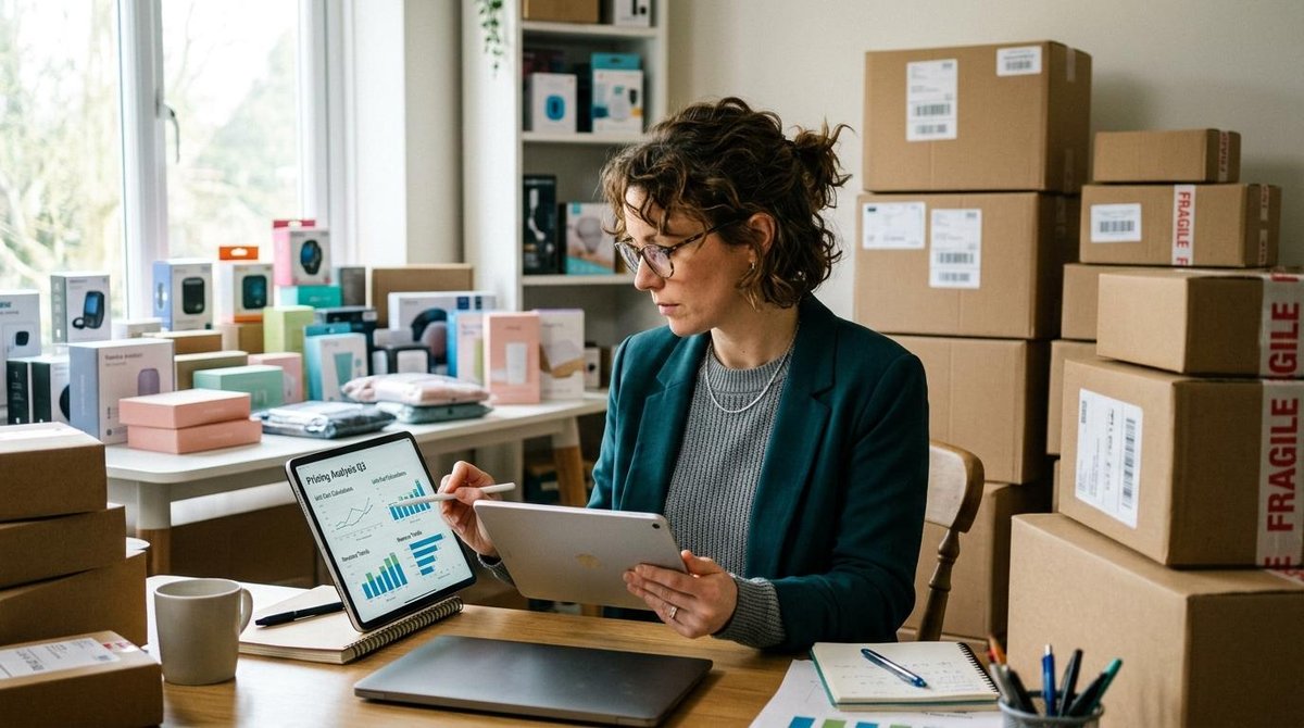 Como vender em marketplaces e na sua loja própria ao mesmo tempo sem perder o controle 3 Mujer revisa gráficos en tableta rodeada de cajas de productos