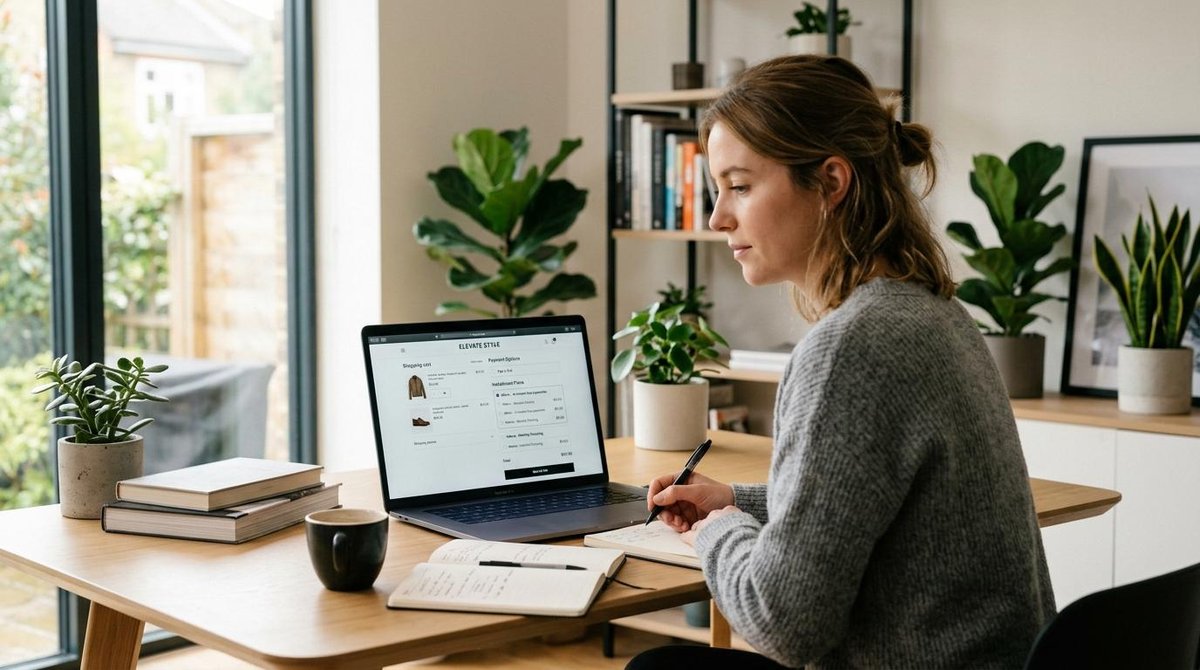Mulher na frente do notebook escolhendo roupas em loja online