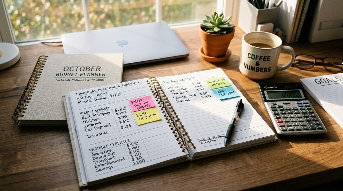 Agenda de contas em cima de uma mesa de escritório ao lado de uma calculadora