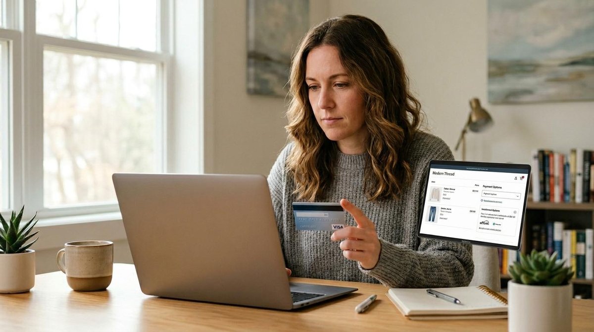 Erros comuns ao parcelar compras no cartão e como proteger seu orçamento mensal 2 Mulher digitando no notebook enquanto segura um cartão de crédito