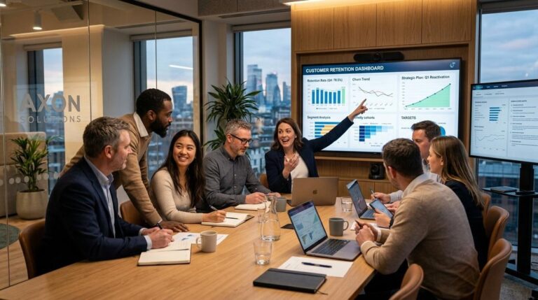 Estratégias para reativar clientes inativos e reconquistar vendas perdidas 10 Mulher fazendo uma apresentação em uma televisão para a equipe de trabalho