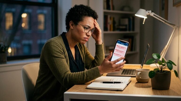 O que acontece se eu não pagar o Mercado Pago crédito e como resolver essa situação 5 Mulher com cara de frustração com o celular em mãos