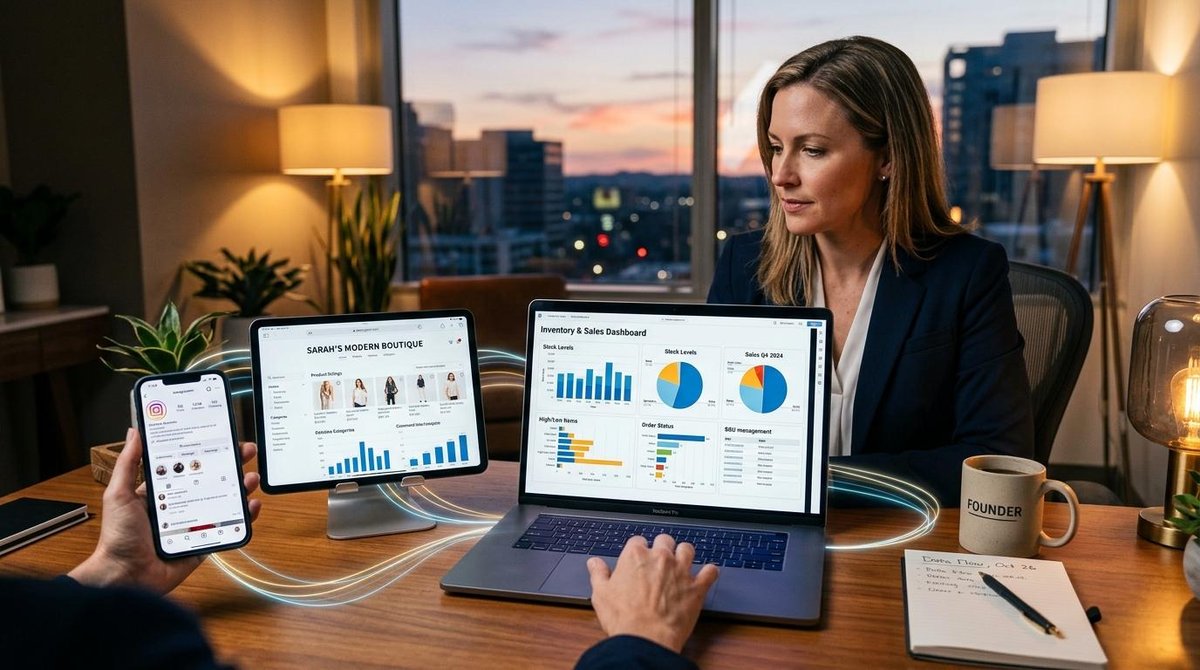 Mujer revisa gráficos de ventas en portátil y tablet con vistas urbanas