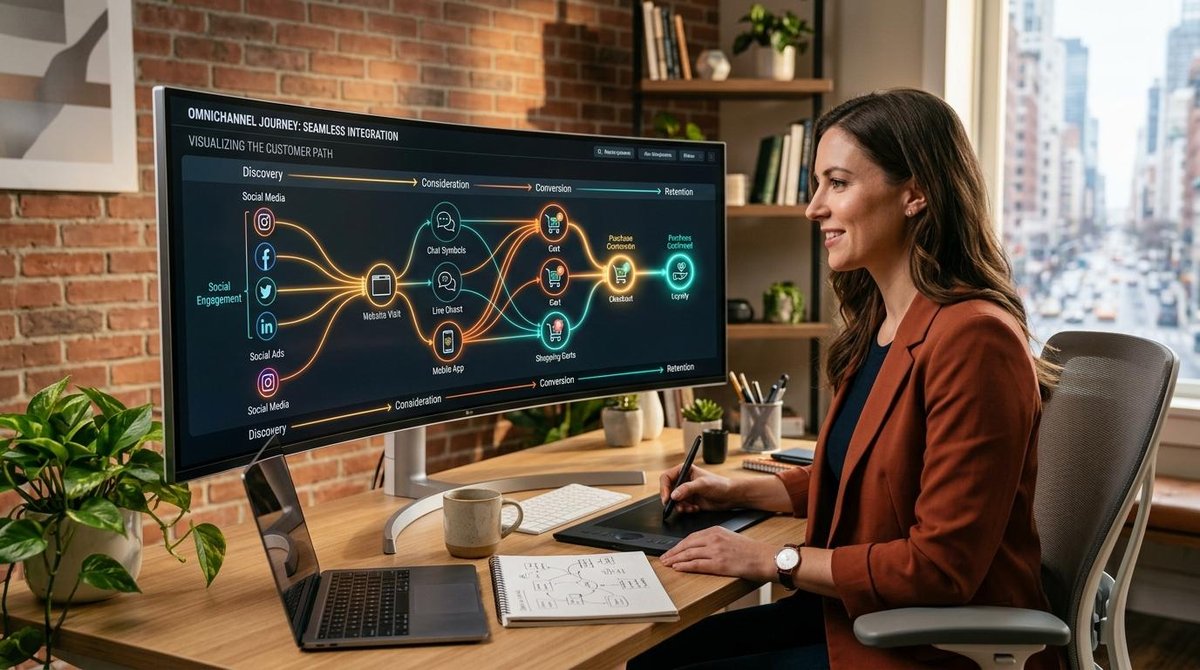 Mujer trabaja en un diagrama de flujo de experiencia del cliente en un monitor