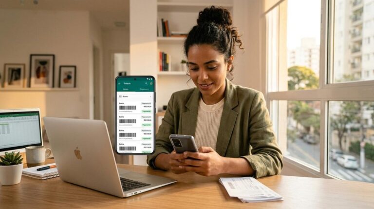 Parcelamento de boletos: como funciona essa forma de pagamento e quando vale a pena 1 Mulher sentada na frente do notebook com o celular aberto em boletos