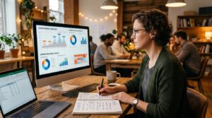 Profissional em um ambiente de trabalho colaborativo analisando dados de mercado em uma tela de computador, com anotações em um caderno aberto ao lado
