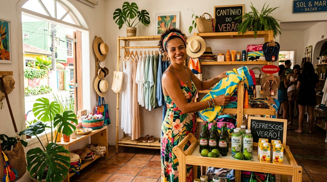 Como aproveitar o verão para impulsionar vendas com estratégias que vão além do óbvio 1 Pessoa empreendedora organizando produtos de verão em uma loja preparada para a temporada