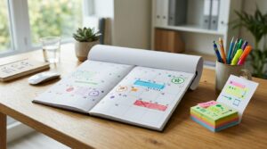 Como aproveitar a Black November para vender mais com estratégias que funcionam 2 Calendário de novembro aberto sobre uma mesa de trabalho com marcações coloridas em diferentes datas, canetas e notas adesivas ao lado, ambiente profi
