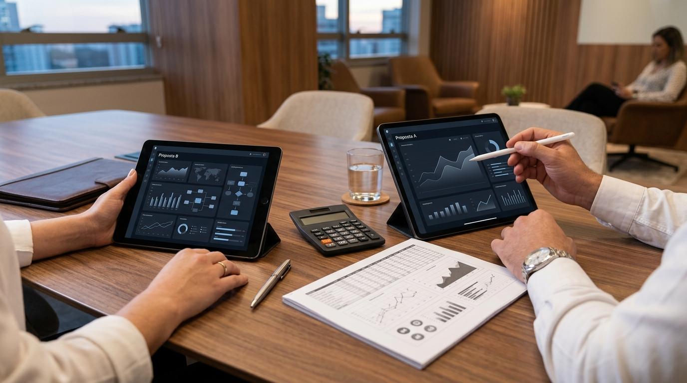 Como aproveitar parcelamento sem juros para software empresarial e otimizar o orçamento 3 Mãos comparando duas propostas de software empresarial em tablets sobre mesa de reunião, com calculadora financeira e planilha de custos impressa