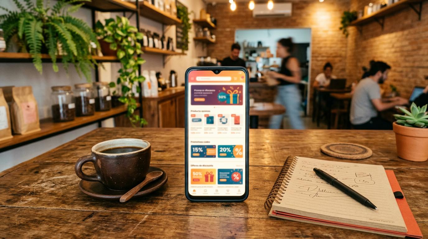 Como criar cupons digitais para sua PME e atrair mais clientes com promoções 2 Smartphone sobre uma mesa de trabalho exibindo códigos promocionais digitais em uma tela de e-commerce, com uma xícara de café e caderno de anotações