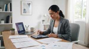 Como adaptar sua PME à lei de proteção do consumidor digital em 5 passos práticos 2 Ambiente de pequeno escritório profissional com contratos e documentos legais dispostos sobre a mesa, profissional revisando políticas de privacidade