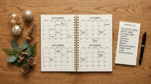 Como organizar uma compra antecipada para o Natal e aproveitar cada etapa do processo 3 Visão de cima de uma mesa organizada em estilo flat lay com um calendário aberto mostrando os meses de setembro a dezembro, lista de compras escrita à