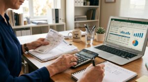 O que fazer se minha PME enfrentar uma emergência financeira: guia de ação 2 : Mãos de um profissional organizando contas e calculando despesas em uma mesa de escritório, com uma calculadora e um notebook aberto exibindo planilha