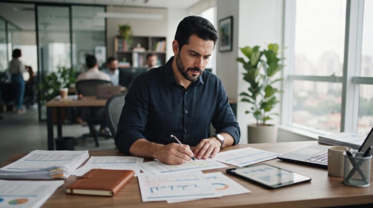 O que fazer se minha PME enfrentar uma emergência financeira: guia de ação 1 Pessoa empreendedora analisando planilhas de fluxo de caixa em um computador durante uma crise financeira na empresa