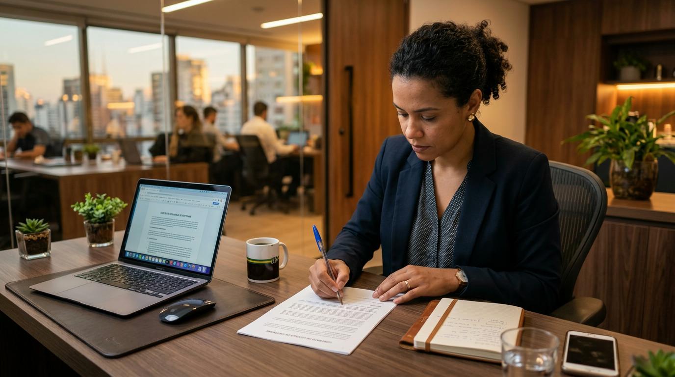 Como aproveitar parcelamento sem juros para software empresarial e otimizar o orçamento 2 Profissional brasileiro revisando contrato de software em mesa organizada com notebook aberto, caneta marcando cláusulas e documento impresso