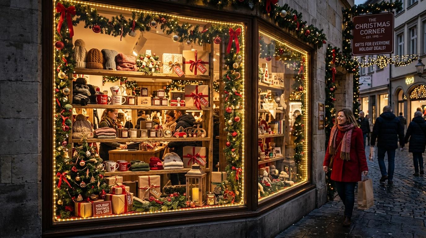 Ideias de presentes de Natal para vender mais na sua loja e fechar o ano com bons resultados 1 Pessoa organizando presentes de Natal em uma vitrine de loja para atrair clientes