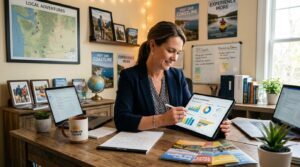 Como aproveitar a temporada turística para vender mais no seu negócio 3 Proprietário de negócio local analisando dados de vendas em um tablet moderno sobre uma mesa de trabalho, gráficos e relatórios visíveis ao fundo, amb