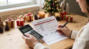 Como organizar uma compra antecipada para o Natal e aproveitar cada etapa do processo 2 Mãos femininas segurando uma planilha de orçamento impressa e uma calculadora sobre uma superfície de madeira clara, com pequenas caixas de presente d