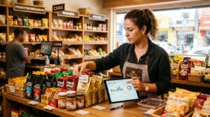 Como aproveitar a Black November para vender mais com estratégias que funcionam 3 Profissional analisando gráficos de vendas em um tablet enquanto organiza etiquetas de preços em produtos dispostos sobre uma bancada, ambiente de peq