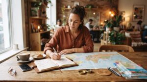 Uma pessoa empreendedora organizando roteiros em uma mesa de madeira clara, com um mapa aberto, caderno de anotações e um café, em um ambiente de trab