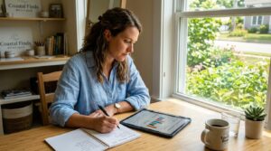 Como aproveitar o verão para impulsionar vendas com estratégias que vão além do óbvio 2 Um pequeno empresário sentado em uma mesa de madeira clara analisando gráficos de vendas em um tablet e fazendo anotações em um caderno, com luz quent