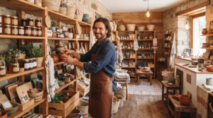 Como aproveitar a temporada turística para vender mais no seu negócio 2 Empreendedor sorridente organizando produtos regionais em uma loja pequena e charmosa, preparando o ambiente comercial para receber visitantes, pratel